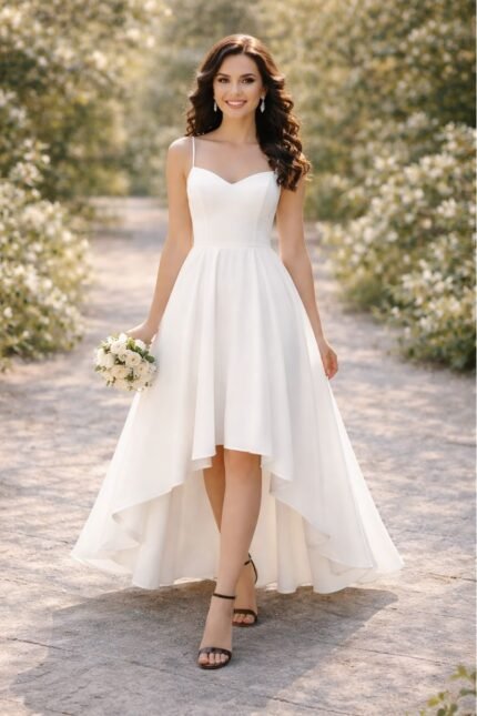 Μεσογειακή νύφη με σκούρα κυματιστά μαλλιά φοράει νυφικό φόρεμα με τιράντες, εφαρμοστό μπούστο και φούστα high-low που είναι πιο κοντή μπροστά και μακρύτερη πίσω, χωρίς στρώσεις και χωρίς ουρά. Βασισμένο στο πατρόν του προϊόντος.