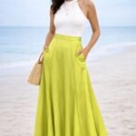 Πατρόν ραπτικής maxi φούστας godet με τσέπες και ζωνάκι 2 εκ, σε αέρινο σατέν lime ύφασμα, συνδυασμένη με καλοκαιρινό τοπ