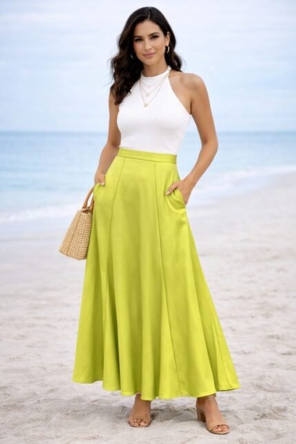 Πατρόν ραπτικής maxi φούστας godet με τσέπες και ζωνάκι 2 εκ, σε αέρινο σατέν lime ύφασμα, συνδυασμένη με καλοκαιρινό τοπ