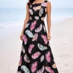 Maxi καλοκαιρινό φόρεμα με πατρόν ραπτικής, μαύρο σατέν ύφασμα, μεσογειακό μοντέλο