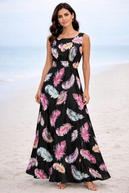 Maxi καλοκαιρινό φόρεμα με πατρόν ραπτικής, μαύρο σατέν ύφασμα, μεσογειακό μοντέλο