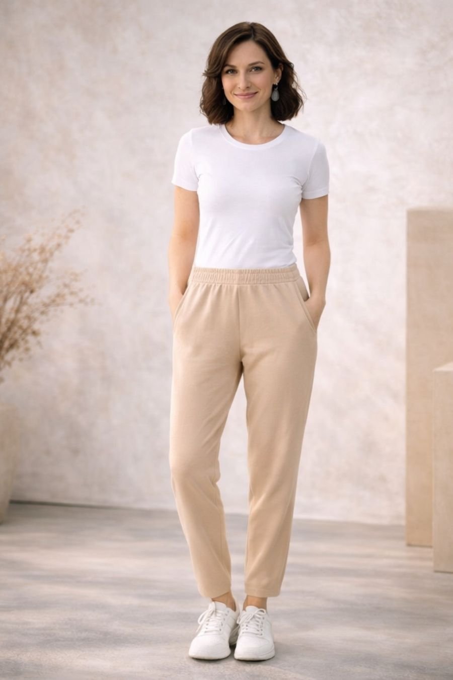 sewing_pattern_casual_pants_front Γυναίκα με ανοιχτόχρωμη επιδερμίδα φοράει μπεζ παντελόνι φόρμας με λάστιχο στη μέση και ίσια γραμμή μέχρι τον αστράγαλο, βασισμένο στο πατρόν του προϊόντος.