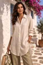 Πατρόν ραπτικής για μακριά γυναικεία πουκαμίσα με γιακά, κουμπιά, στρογγυλό ποδόγυρο, πλαϊνά ανοίγματα και ραφή στο κέντρο πίσω