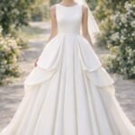 Μοντέλο με ανοιχτόχρωμη επιδερμίδα φορώντας νυφικό σε γραμμή ball gown με τρεις στρώσεις ογκώδους ομπρέλα-φούστας, εμπνευσμένο από το πατρόν. εμπρός όψη με στρογγυλή λαιμόκοψη και μεγάλες πλαϊνές “ντραπέ” στρώσεις