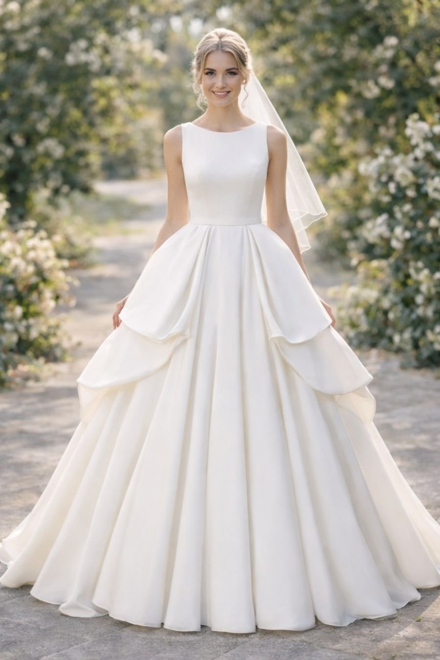 Πατρόν ραπτικής Queen wedding dress front Μοντέλο με ανοιχτόχρωμη επιδερμίδα φορώντας νυφικό σε γραμμή ball gown με τρεις στρώσεις ογκώδους ομπρέλα-φούστας, εμπνευσμένο από το πατρόν. εμπρός όψη με στρογγυλή λαιμόκοψη και μεγάλες πλαϊνές “ντραπέ” στρώσεις