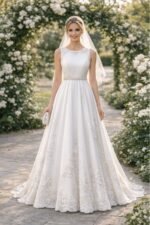 Κοπέλα φοράει νυφικό στολισμένο, βασισμένο στο πατρόν του προϊόντος