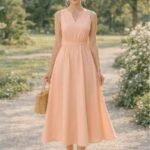 Γυναίκα με ανοιχτόχρωμη επιδερμίδα φοράει μίντι καλοκαιρινό φόρεμα σε γραμμή Α, με V λαιμόκοψη, βασισμένο στο πατρόν του προϊόντος.