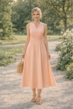 Γυναίκα με ανοιχτόχρωμη επιδερμίδα φοράει μίντι καλοκαιρινό φόρεμα σε γραμμή Α, με V λαιμόκοψη, βασισμένο στο πατρόν του προϊόντος.