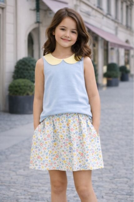 Πατρόν ραπτικής μπλουζάκι με γιακά για κορίτσια 2-6 ετών έτοιμο φορεμένο