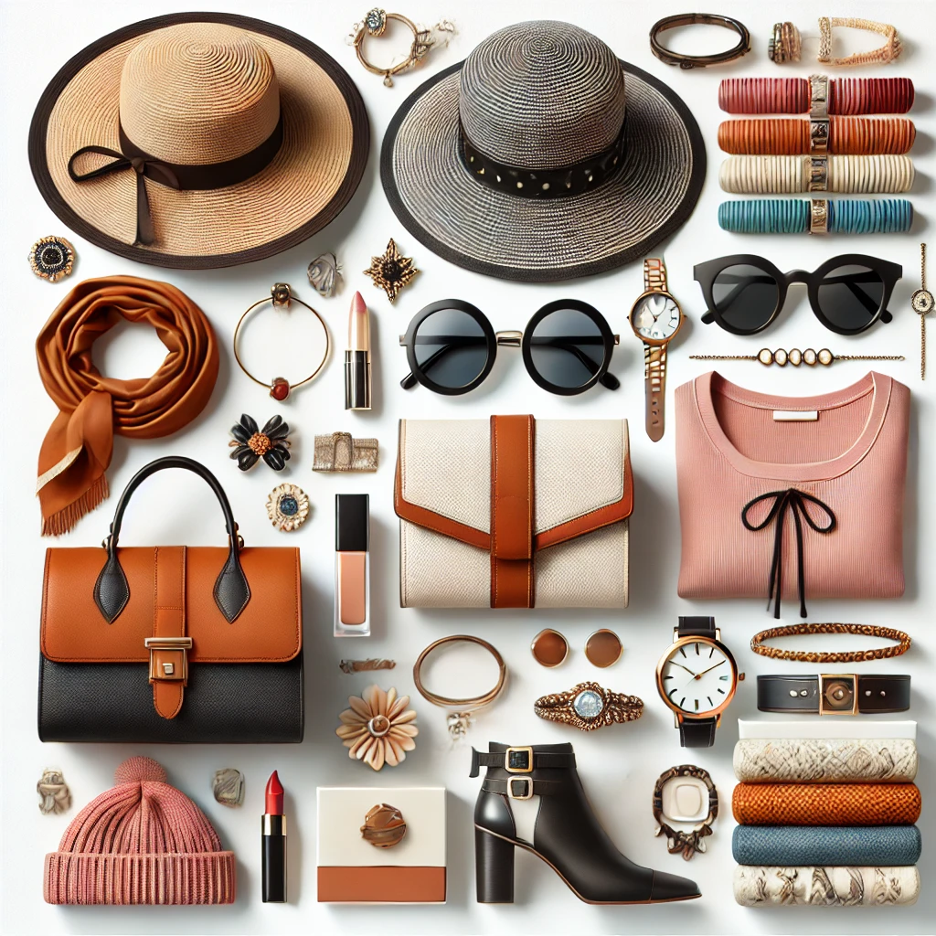 A bright and clean white background featuring a stylish arrangement of various fashion accessories. Display items like sunglasses, handbags, scarves / Αξεσουάρ μόδας