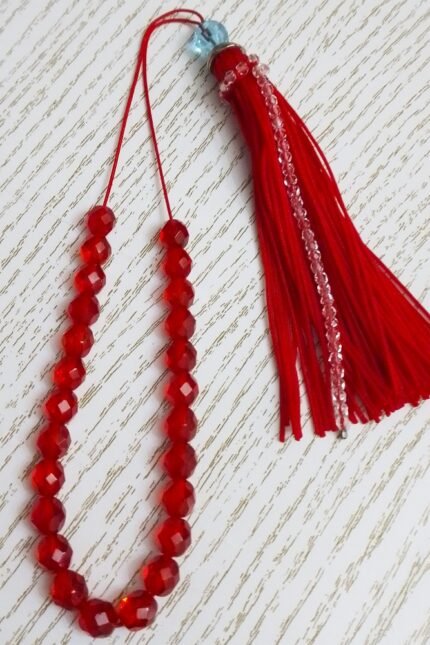 Κομπολόι κόκκινο γυναικείο γαλάζιο κρύσταλλο κόκκινη φούντα