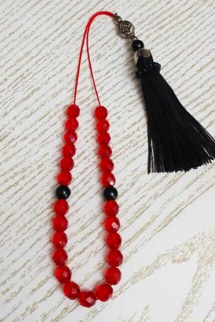 Κομπολόι γυναικείο κόκκινα κρύσταλλα μαύρη φούντα αντικέ χάντρα