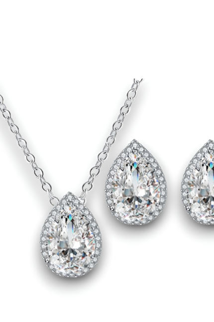 Νυφικό σετ κοσμημάτων με κολιέ και σκουλαρίκια από κρύσταλλα ζιργκόν σε ασημί χρώμα.