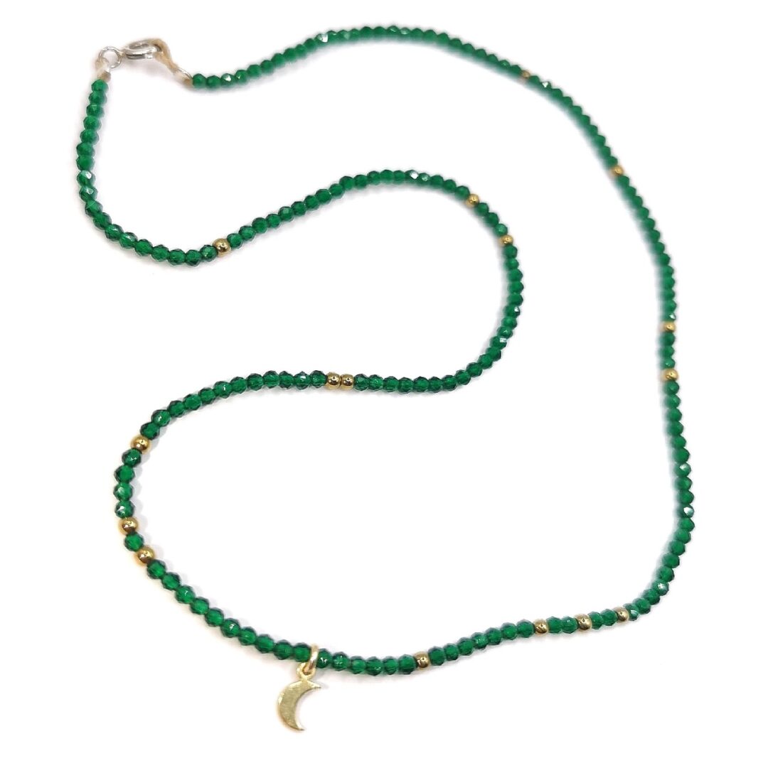 Green choker κολιέ τσοκερ με πράσινο νεφρίτη και ασημένιο μοτίφ φεγγάρι 1