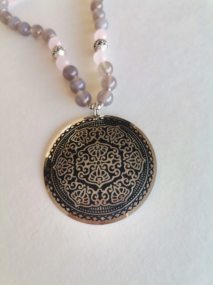 Κολιέ με γκρι αχάτη, ροζ jade και ethnic μοτίφ - Image 2