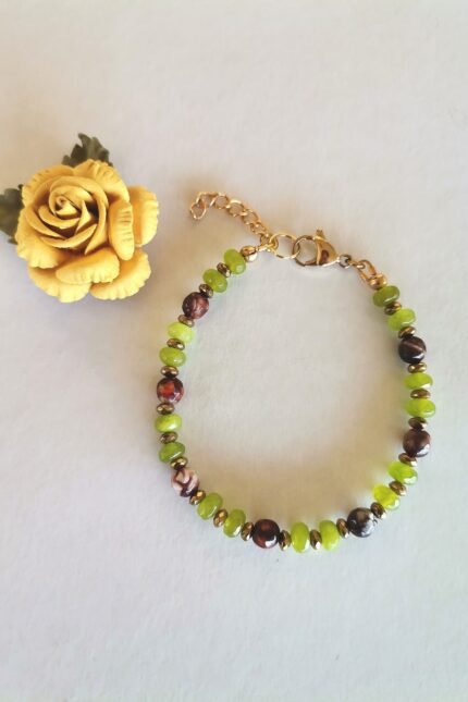 Βραχιόλι με λαδοπράσινο jade ροδέλες ταγιέ, καφέ αχάτη ταγιέ 6mm, χρυσαφί αιματίτες ροδέλες ταγιέ, ακροδέκτες από ορείχαλκο, ατσάλινο κούμπωμα