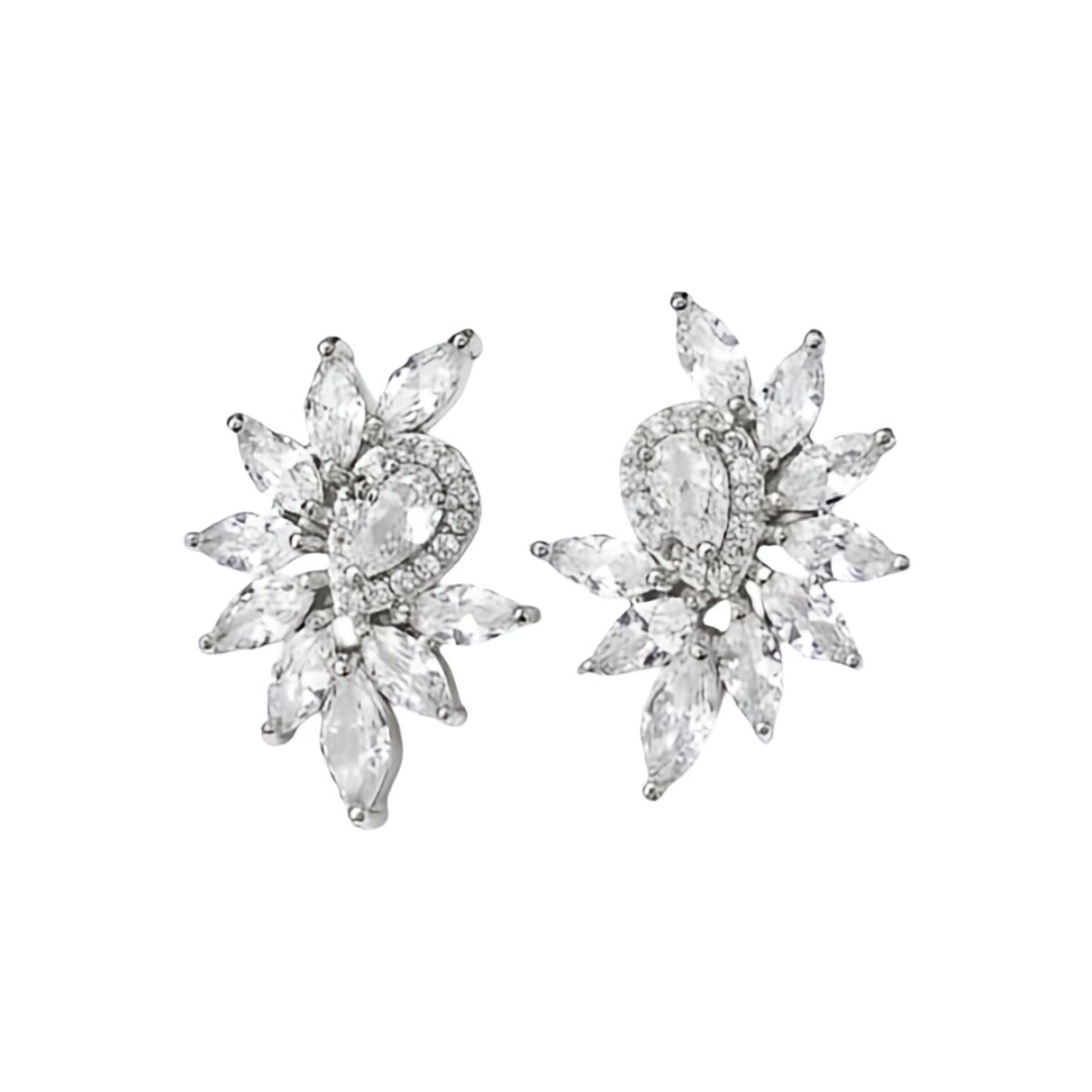 LAYLA Leaf stud earings Κρεμαστά σκουλαρίκια από επιπλατινωμένο ατσάλι με ζιργκόν πέτρα