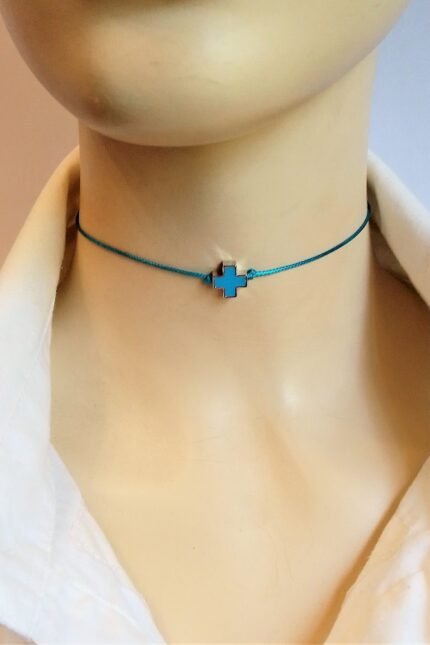 Τσόκερ γυναικείο τυρκουάζ κορδόνι σταυρός τυρκουάζ σμάλτο