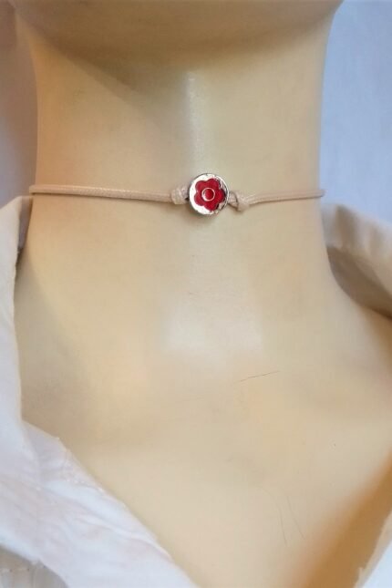 Τσόκερ γυναικείο μπεζ κορδόνι μεταλλικό λουλούδι σμάλτο