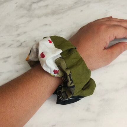 Scrunchie βαμβακερό, φαρδύ με patchwork και φάσα χακί