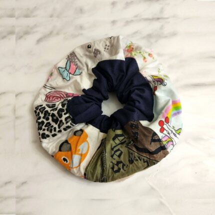 Scrunchie βαμβακερό, φαρδύ με patchwork και φάσα μπλε