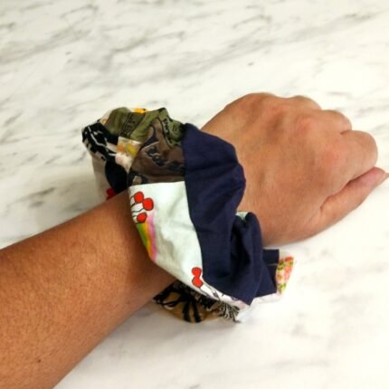 Scrunchie βαμβακερό, φαρδύ με patchwork και φάσα μπλε