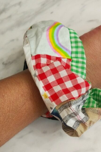 Scrunchie βαμβακερό, φαρδύ με patchwork και φάσα πράσινο καρρώ