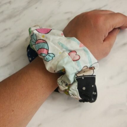 Scrunchie βαμβακερό, φαρδύ με patchwork και φάσα γαλάζια