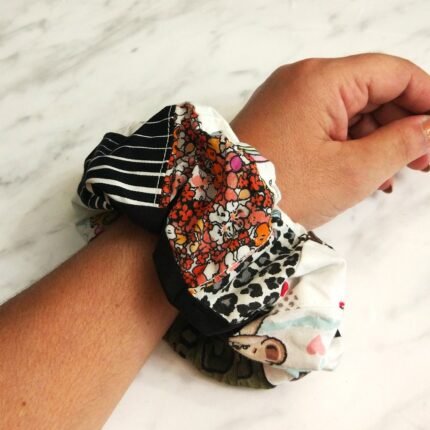 Scrunchie βαμβακερό, φαρδύ με patchwork και φάσα μαύρη