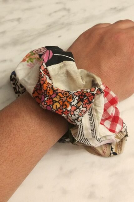 Scrunchie βαμβακερό, φαρδύ με patchwork και φάσα χακί