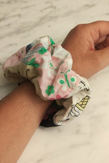 Scrunchie βαμβακερό, φαρδύ με patchwork και φάσα μπεζ