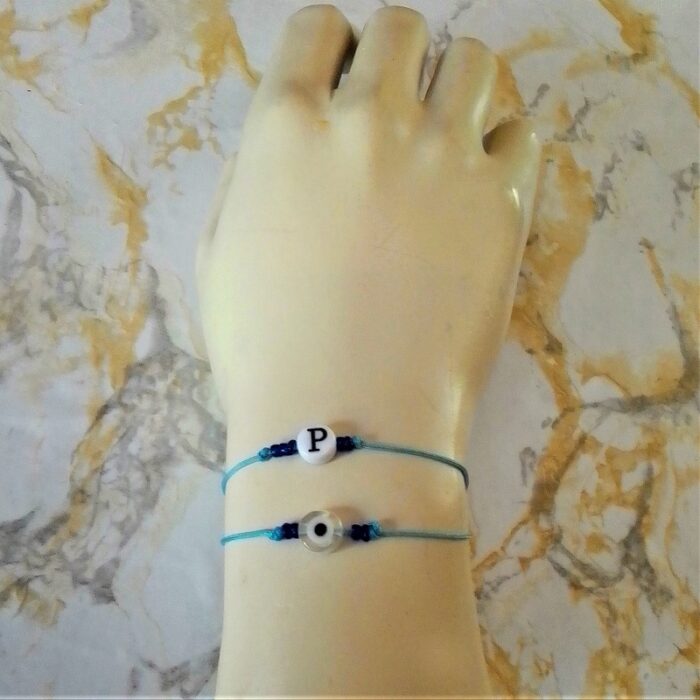 SET C139β.Σετ παιδικό γαλάζια βραχιόλια μονόγραμμα Ρ και ματάκι