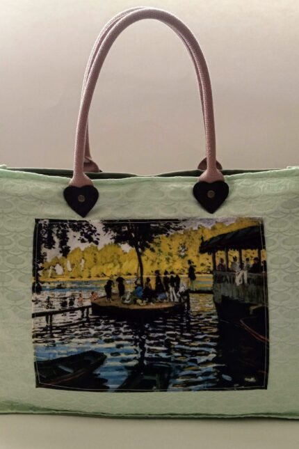 Γυναικεία χειροποίητη τσάντα χειρός στο χρώμα της μέντας, με δύο διαφορετικές όψεις