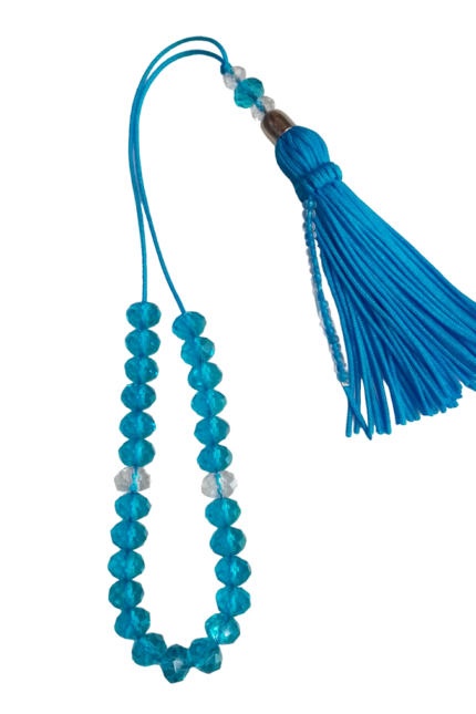 Κομπολόι γυναικείο διάφανα κρύσταλλα τυρκουάζ φούντα 28εκατοστά