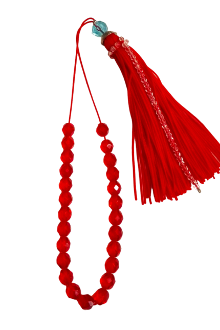 Κομπολόι κόκκινο γυναικείο γαλάζιο κρύσταλλο κόκκινη φούντα