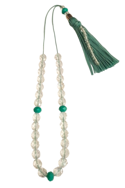 Κομπολόι γυναικείο διάφανα και βεραμάν κρύσταλλα φούντα 30εκατοστά