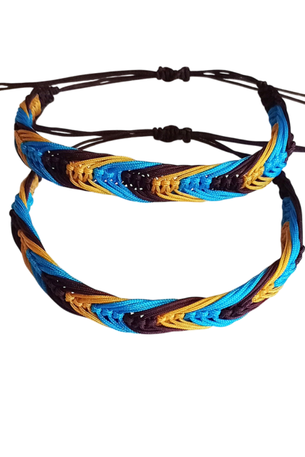 Βραχιόλια σετ 2 τεμ ζευγάρια, τρίχρωμο μακραμέ, καφέ τυρκουάζ κίτρινο