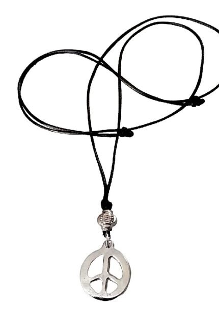 Αντρικό μενταγιόν μαύρη δερματίνη σήμα ειρήνης μικρό μεταλλικό