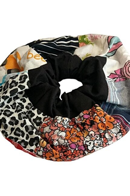 Scrunchie βαμβακερό, φαρδύ με patchwork και φάσα μαύρη