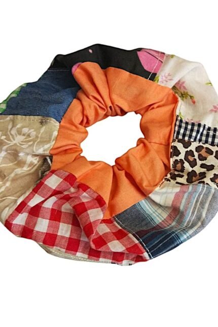 Scrunchie βαμβακερό, φαρδύ με patchwork και φάσα πορτοκαλί