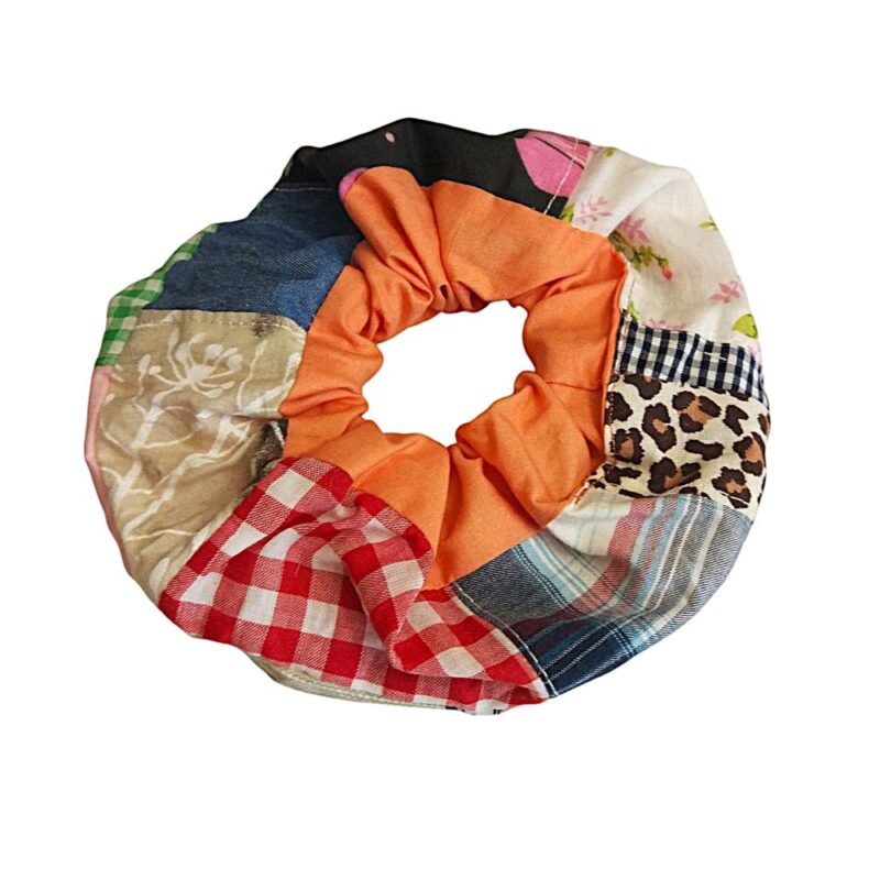 Scrunchie βαμβακερό, φαρδύ με patchwork και φάσα πορτοκαλί