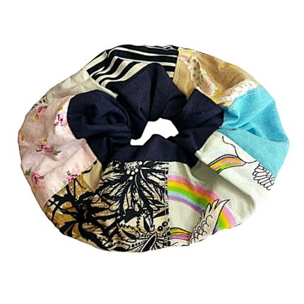 Scrunchie βαμβακερό, φαρδύ με patchwork και φάσα μπλε