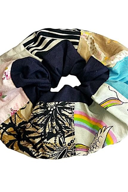 Scrunchie βαμβακερό, φαρδύ με patchwork και φάσα μπλε