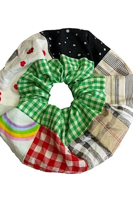 Scrunchie βαμβακερό, φαρδύ με patchwork και φάσα πράσινο καρρώ