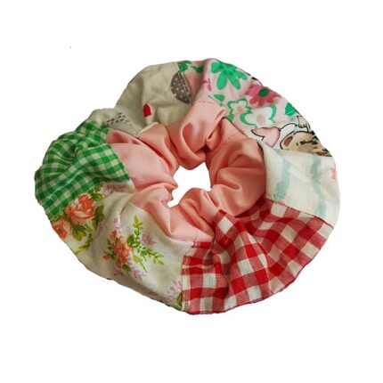 Scrunchie βαμβακερό, φαρδύ με patchwork και φάσα κόκκινο καρρώ