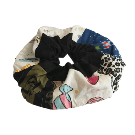 Scrunchie βαμβακερό, φαρδύ με patchwork και φάσα μαύρη