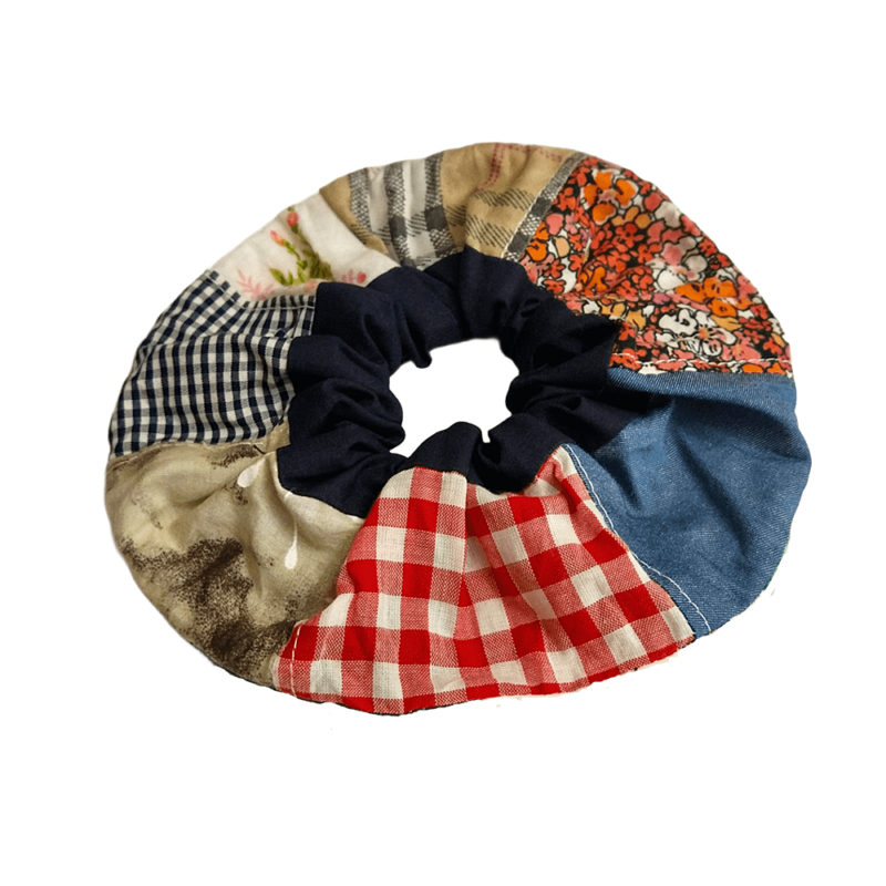 Scrunchie βαμβακερό, φαρδύ με patchwork και φάσα μπλε