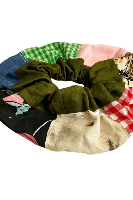 Scrunchie βαμβακερό, φαρδύ με patchwork και φάσα χακί