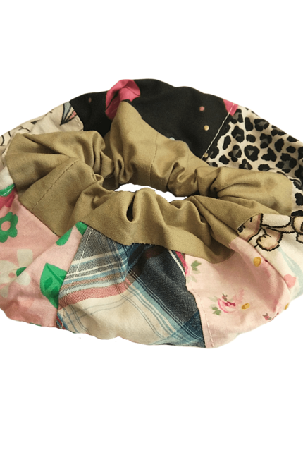 Scrunchie βαμβακερό, φαρδύ με patchwork και φάσα μπεζ