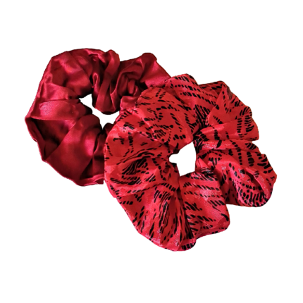 Σετ scrunchie δύο τεμάχια σατέν κόκκινο μονόχρωμο κόκκινο εμπριμέ